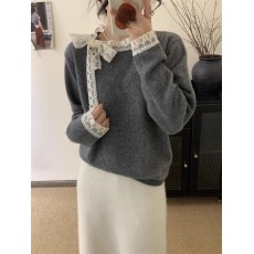 批发韩系蕾丝拼接圆领飘带蝴蝶结针织衫<b class='q'>秋</b>冬温柔风软糯蜜熊绒毛衣