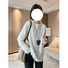 批发2026春装别致圆领丝绒提花打底衫大码高级感宽松百搭<b class='q'>蕾丝</b>钩花T恤