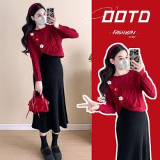 实拍~新款孕妇装韩版百搭小花朵毛衣搭针织背心裙两件套套装