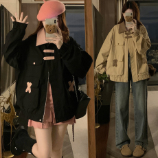 批发实拍 美式复古拼接PU皮翻领<b class='q'>夹克</b><b class='q'>女</b>秋季工装外套上衣ins