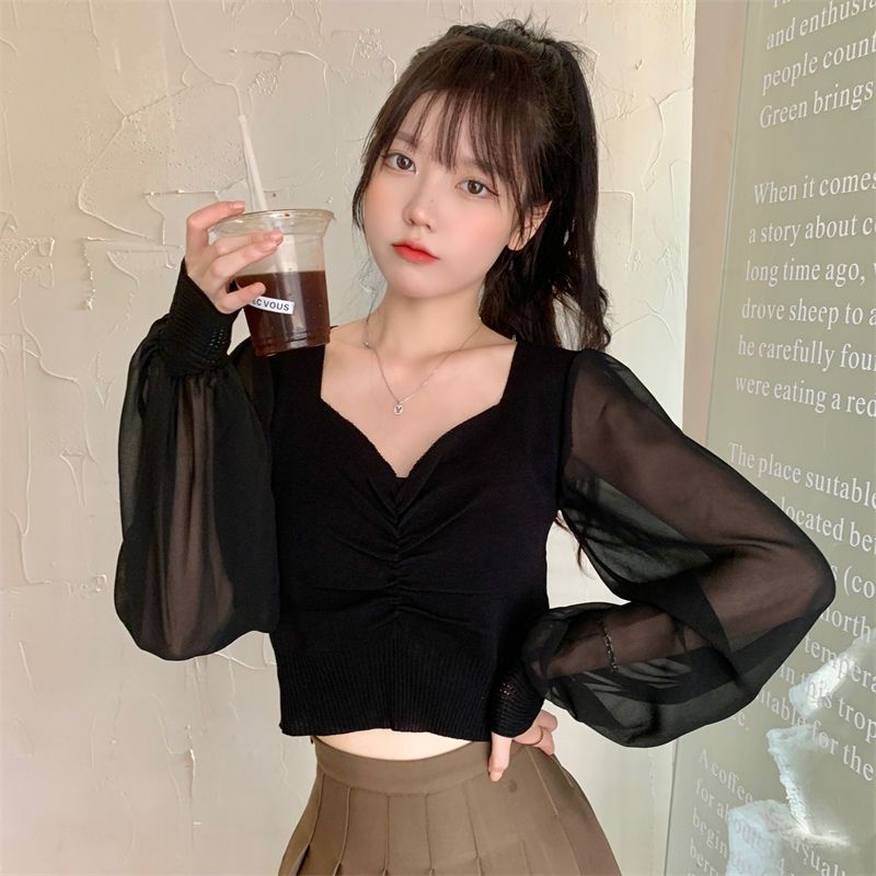 봄 드레스 새로운 니트 쉬폰 거품 소매 여성 셔츠 가을 겨울 프랑스식 광장 칼라 맨위 디자인 센스