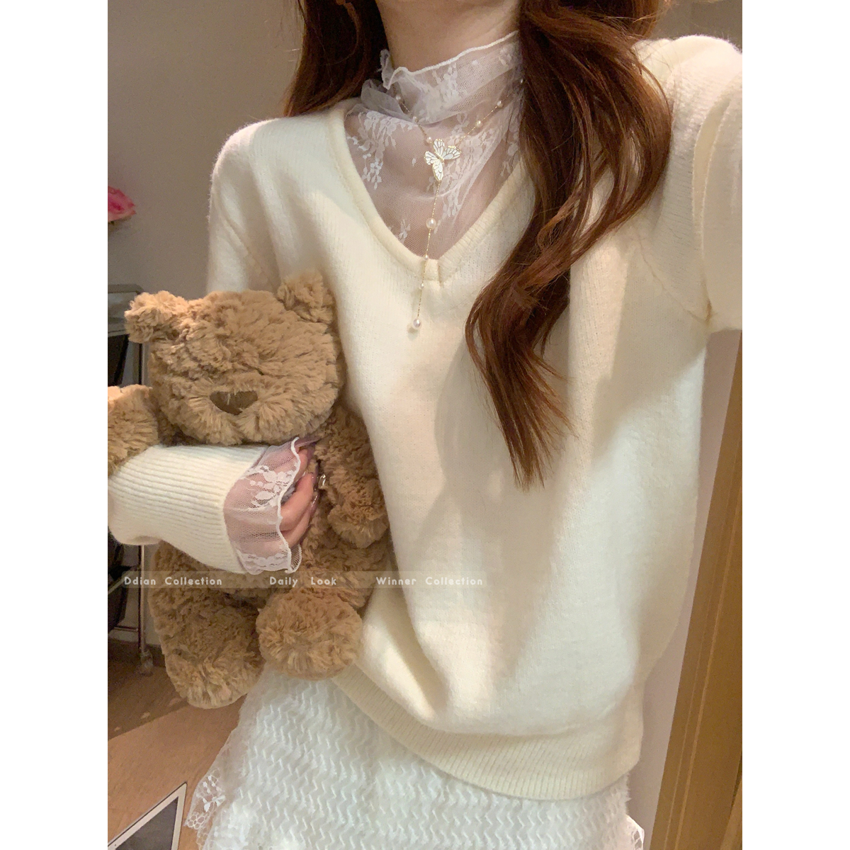 PF28307# 韩版蕾丝拼接透视纯欲假两件北极绒针织衫长袖毛衣女裝貨源服裝批發
