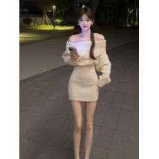 批发白色一字肩毛线连衣裙女秋新款露肩性感纯欲修身短裙