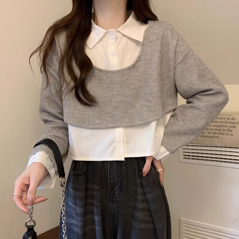 PF28521#独特设计感小众假两件短款针织上衣女秋冬法式别致长袖毛衣小个子女裝貨源服裝批發