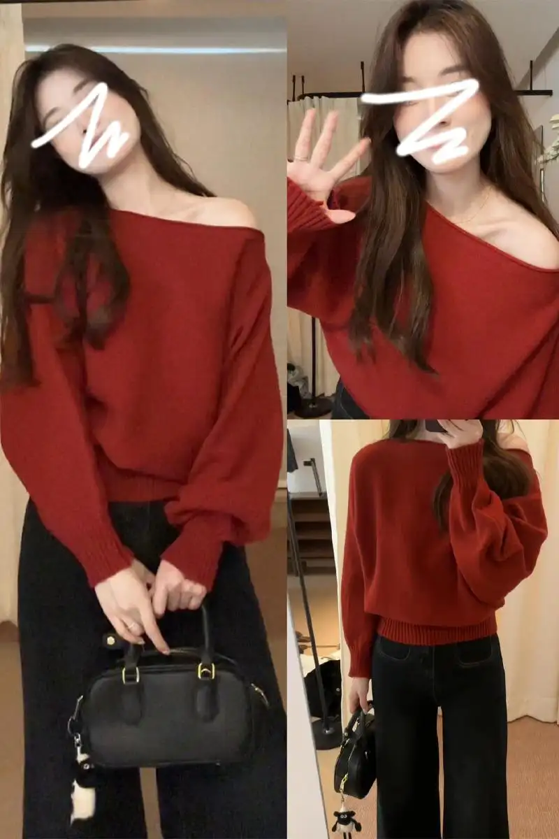 오프숄더 레드 니트 상세 이미지 1