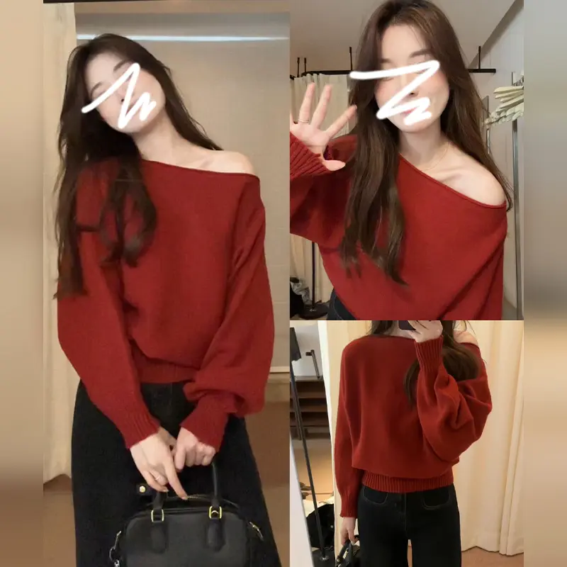 오프숄더 레드 니트 상세 이미지 2