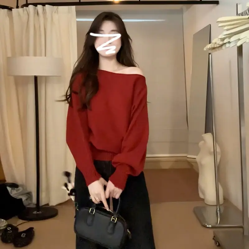 오프숄더 레드 니트 상세 이미지 3