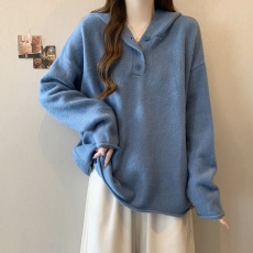 批发实拍~大码新款百搭简约连帽套头毛衣遮肉显瘦针织卫衣