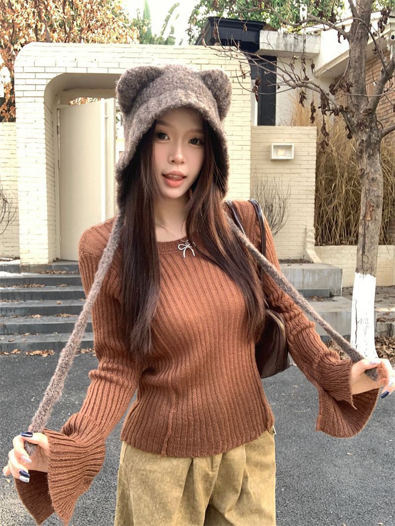 PF28624#纸片人慵懒感坑条针织衫女纯色显瘦内搭长袖上衣女裝貨源服裝批發