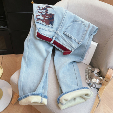 批发实拍加绒带腰带撞色迷彩口袋高腰直筒宽松显瘦阔腿牛仔长<b class='q'>裤子</b>女冬