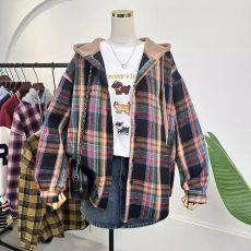 批发官图-原布格子2026新款春季新款慵懒风连帽薄款衬衫中长款外套女