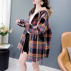 批发官图原布格子2026新款春季新款抖音质量连帽薄款衬衫中长款外套女