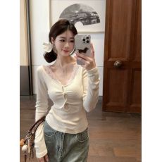 批发<b class='q'>韩国</b>外贸韩版螺纹辣妹纯欲蕾丝拼接镂空长袖T恤女性感短款打底衫