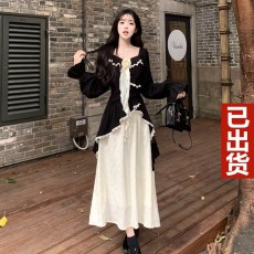 批发实拍胖mm赫本风拼接连衣裙女2025秋季新款设计感小众假两件裙子女