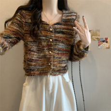 批发【圣诞红过年红】软糯韩版方领毛毛设计感条纹长袖针织衫秋冬开衫