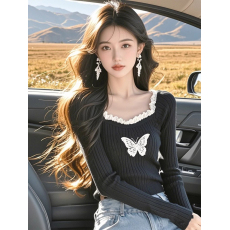 批发法式木耳边方领针织<b class='q'>打底衫</b>女内搭设计感小众秋冬独特别致<b class='q'>长袖</b>上衣