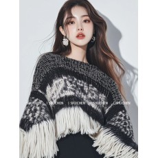 批发2025秋冬新款女深灰色韩系宽松流苏针织毛衣慵懒风高级感披肩外搭