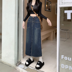 批发实拍复古开叉牛仔半身裙女春秋新款a字高腰遮胯梨型身材中长裙子