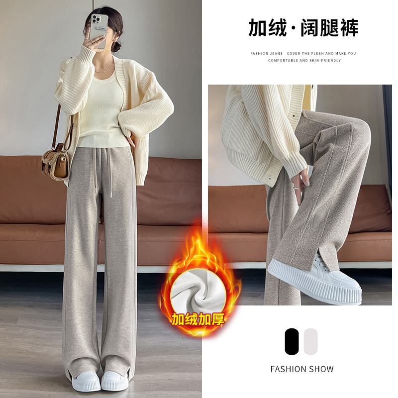 PF29532#羊毛阔腿裤女秋冬窄版糯米毛呢人字纹直筒美拉德香蕉裤子女裝貨源服裝批發