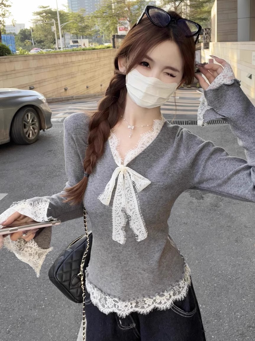 PF28512#法式气质蝴蝶结V领针织衫女装减龄蕾丝拼接内搭上衣女裝貨源服裝批發
