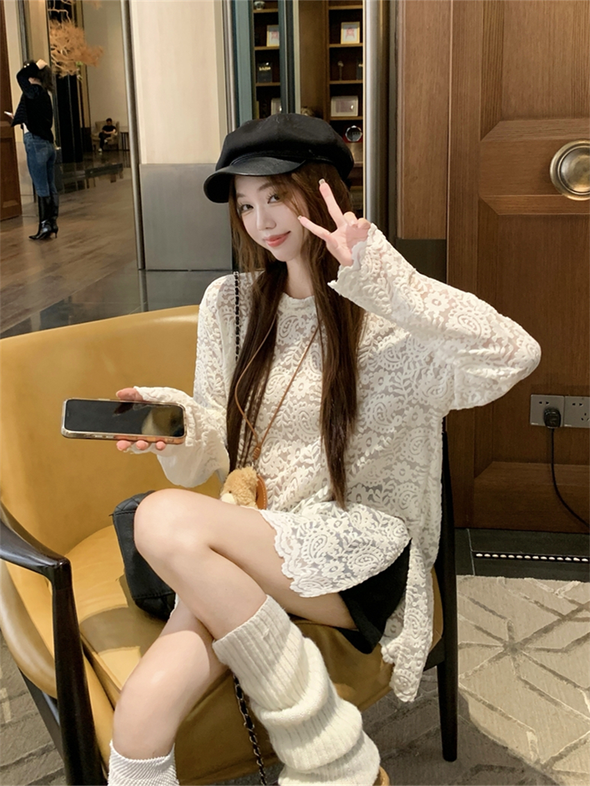 PF28528#设计感蕾丝提花中长款打底衫女冬钩花圆领丝绒开叉长袖上衣女裝貨源服裝批發