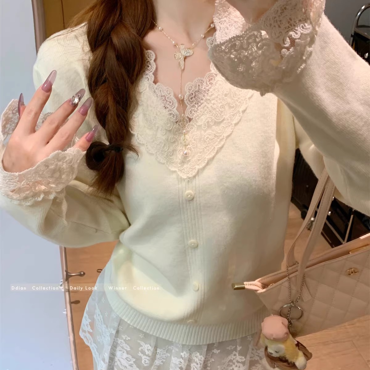 PF28508#白色蕾丝v领针织衫女秋冬小香风内搭设计感小众短款毛衣打底上衣女裝貨源服裝批發