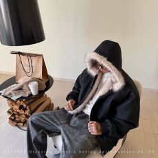 批发长袖冬季毛领连帽棉服男美式复古宽松小众解构水洗帆布皮棉衣外套