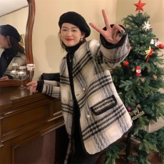 批发小香风夹棉加厚毛呢外套女冬季大码胖妹妹气质显瘦千鸟格呢子大衣