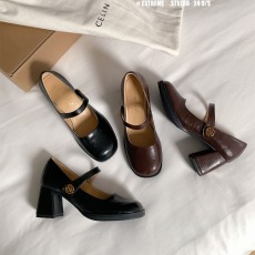 批发春秋新款~软皮法式玛丽珍鞋女学院风复古一字扣浅口单鞋高跟鞋