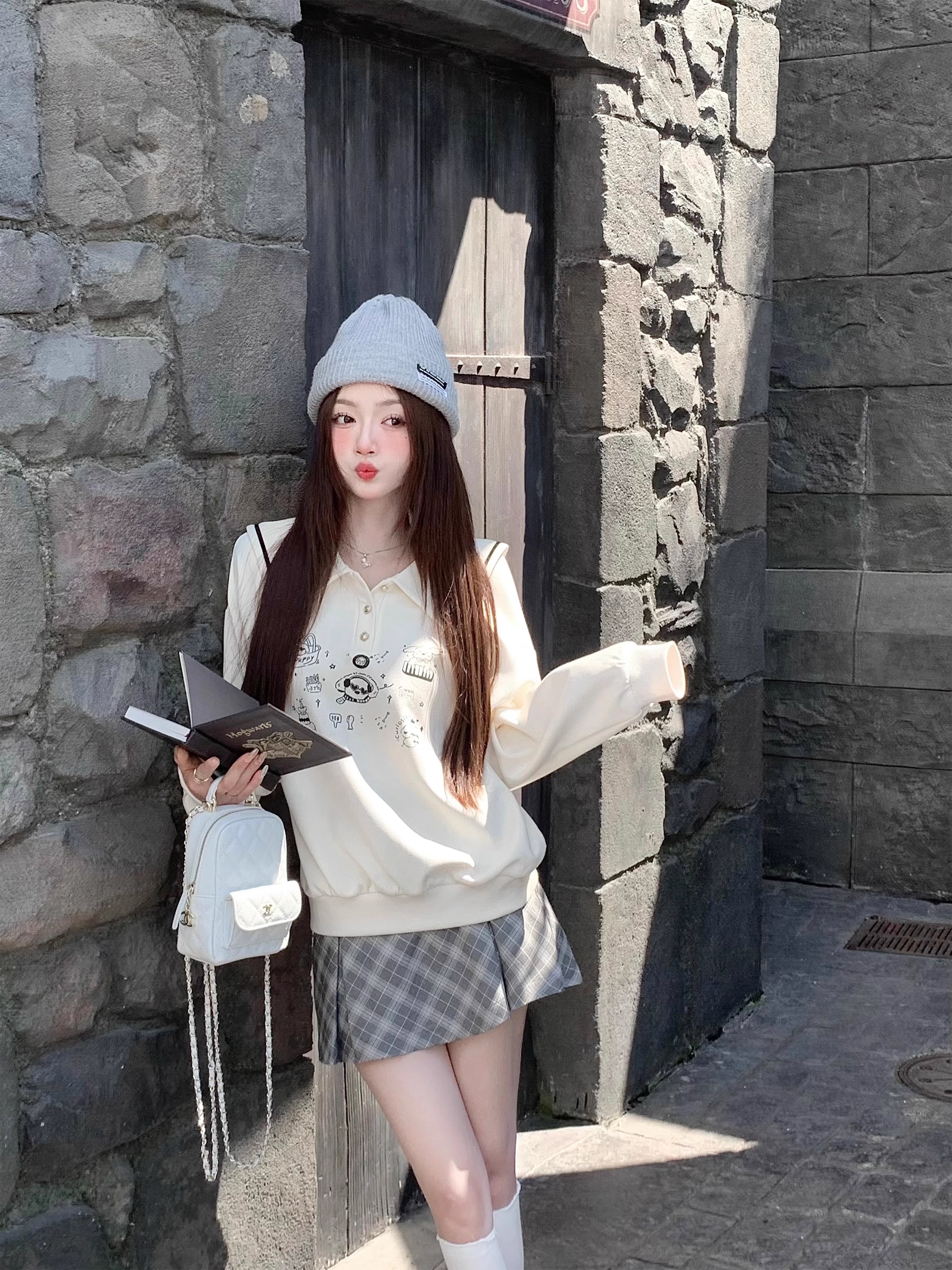 PF28396#韩系杏色卫衣女海军领小个子长袖上衣秋冬季新款女裝貨源服裝批發