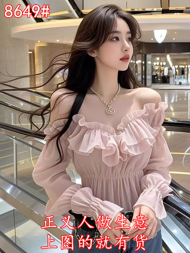 핑크색 오프숄더 목이버섯 레이스 주름 쇼트 스타일 맨위 여성 가을로 새로운 프랑스식 고급 패션 섹시함 셔츠