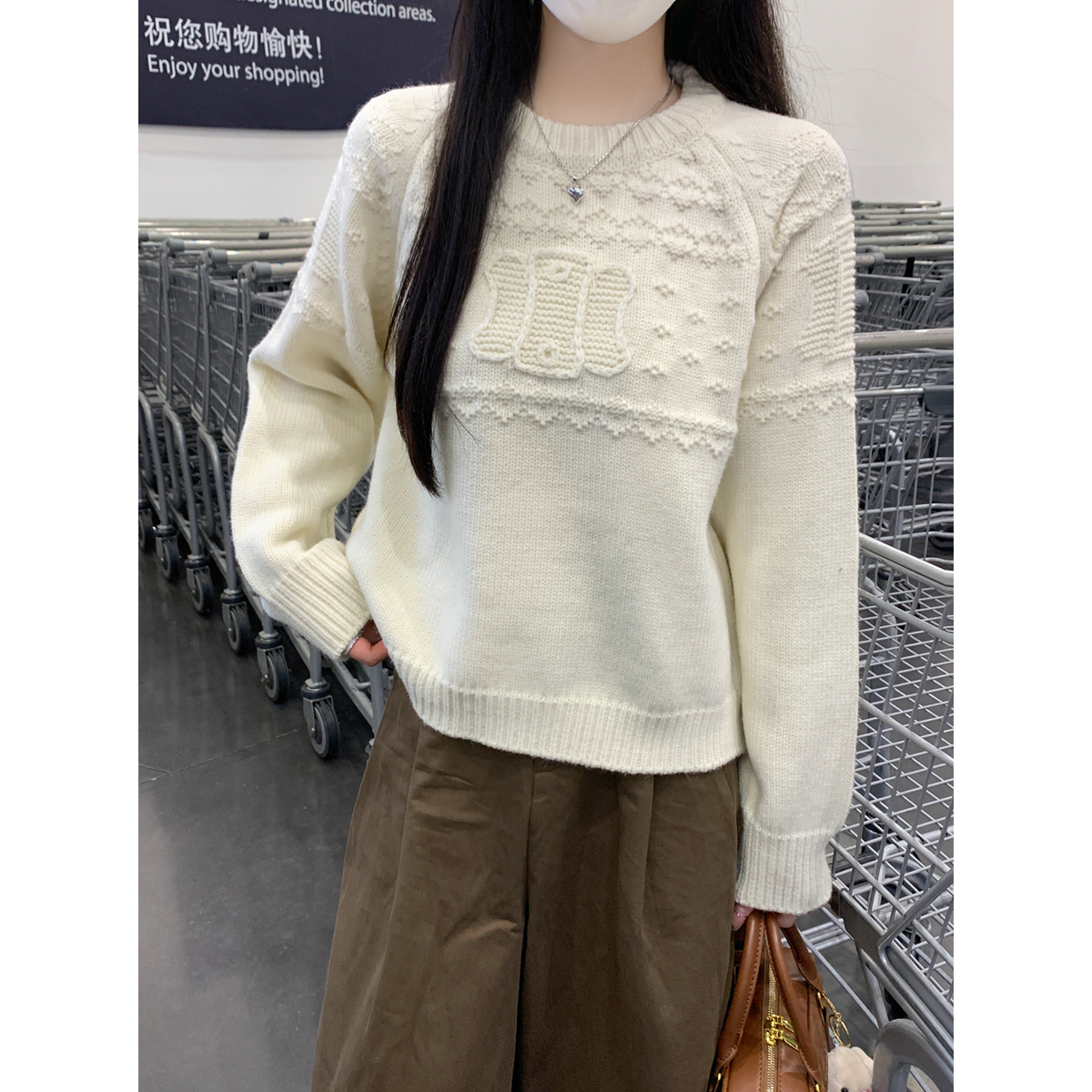 PF28253# 韩版圆领宽松插肩提花北极绒针织衫内搭长袖毛衣女裝貨源服裝批發