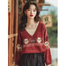 批发红色卡通刺绣v领针织衫<b class='q'>毛衣</b>女秋冬慵懒风<b class='q'>宽松</b>休闲假两件减龄上衣