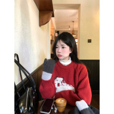 批发实拍 韩系<b class='q'>甜美</b>毛巾绣小狗圆领套头针织衫毛衣