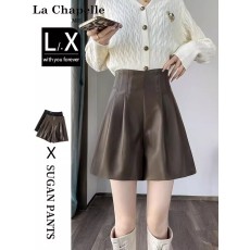 批发咖色pu皮短裤女秋冬外穿小个子高腰显瘦休闲宽松a字皮裤阔腿靴裤