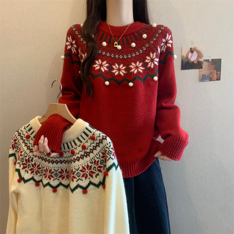 PF28244# 大码新款宽松慵懒风遮肚显瘦费尔岛红毛衣外套女女裝貨源服裝批發