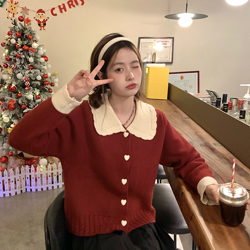 새해 빨간색 달콤함 베이비 칼라 오픈 가디건 여성 가을 겨울 부드러운 찹쌀 외국 가스 하트 버클 니트 재킷