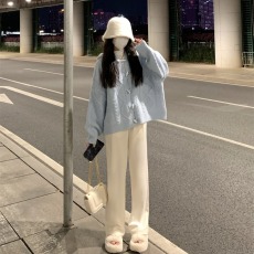 批发秋冬浅蓝色麻花开衫针织衫温柔<b class='q'>上衣</b>宽松毛衣外套+休闲<b class='q'>裤</b>