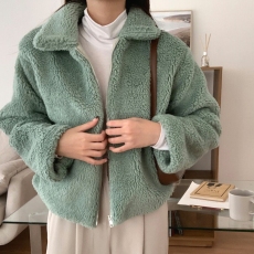 chic 韩国冬季慵懒休闲时尚翻领羊羔毛加厚夹棉短款夹克卫衣外套