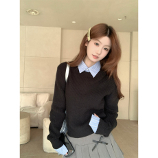 批发实拍实价 长袖上衣针织衫设计感衬衫领提花打底衫女秋<b class='q'>冬</b>保暖毛衣