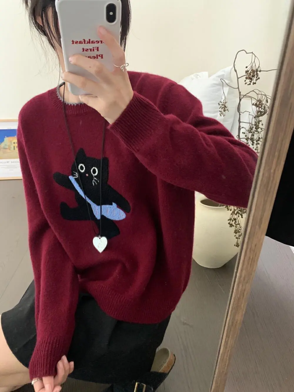 고양이 캐릭터 라운드넥 울 니트 상세 이미지 5