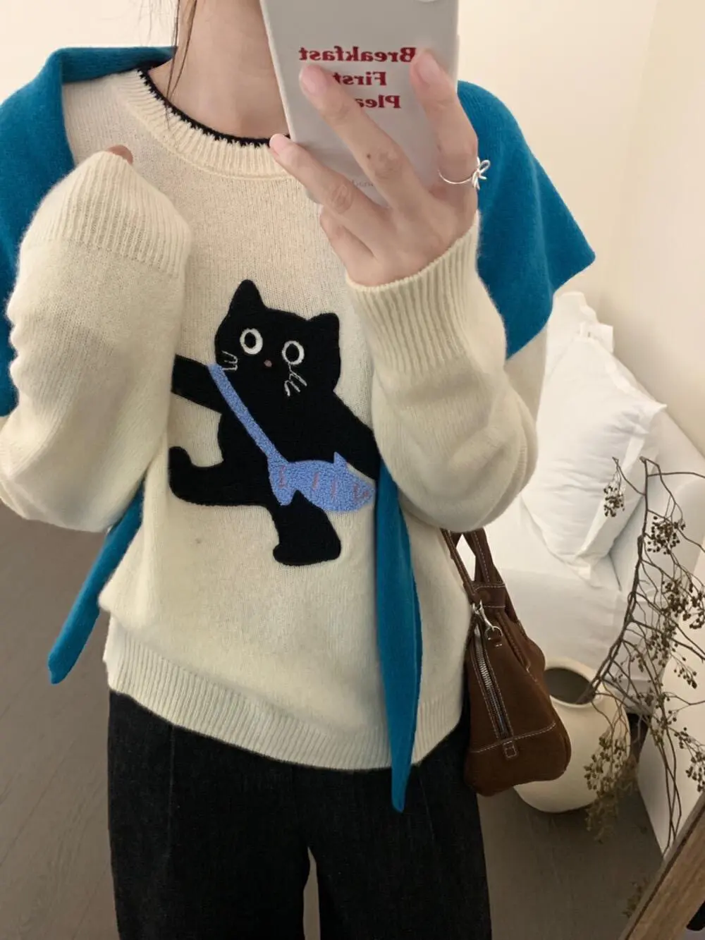 고양이 캐릭터 라운드넥 울 니트 상세 이미지 6