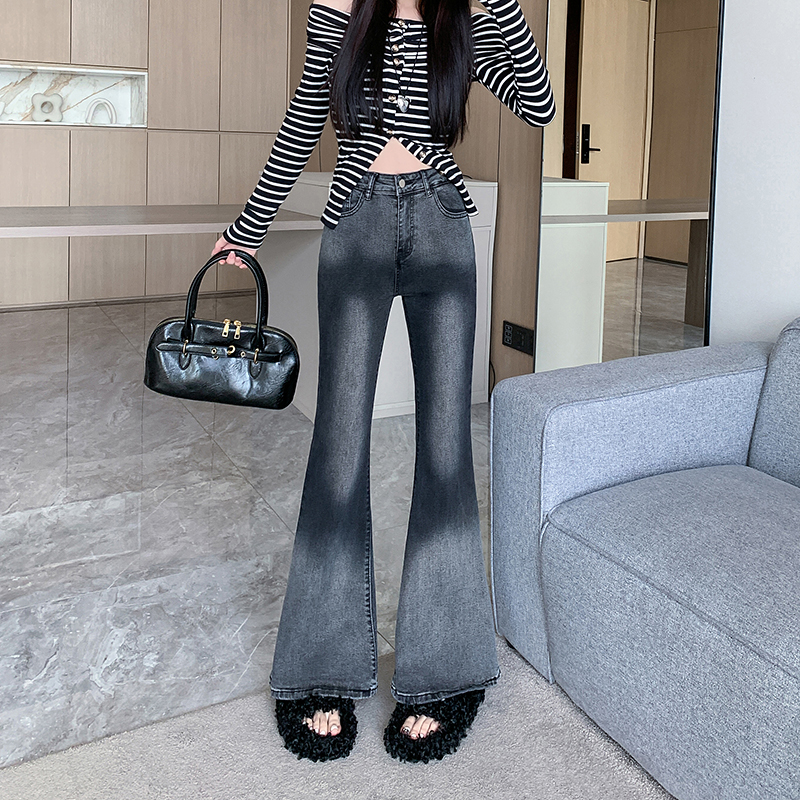 PF28507#渐变微喇叭牛仔裤女秋季高腰设计感修身显瘦马蹄长裤子女裝貨源服裝批發