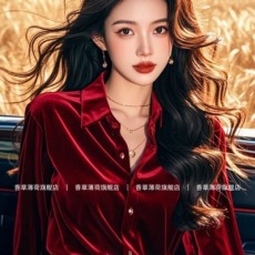 批发法式轻熟风小众设计感洋气别致独特绝美小衫气质红色丝绒衬衫女秋