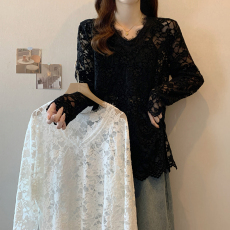 批发2026新款爆款春秋季宽松镂空V领法式蕾丝衫<b class='q'>大码</b><b class='q'>女装</b>胖mm打底上衣