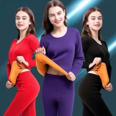 批发M-5XL秋冬季保暖内衣女士圆领保暖套装加绒加厚打底衫两件套
