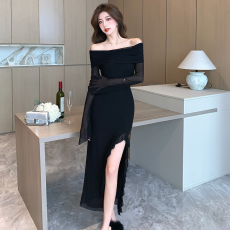 批发实拍法式黑色辣妹一字肩网纱连衣裙纯欲开叉气质高级感<b class='q'>欧美</b>裙