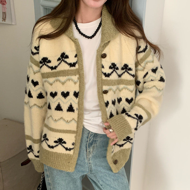 实拍 苔野雪松 费尔岛毛衣撞色提花翻领单排扣针织开衫外套