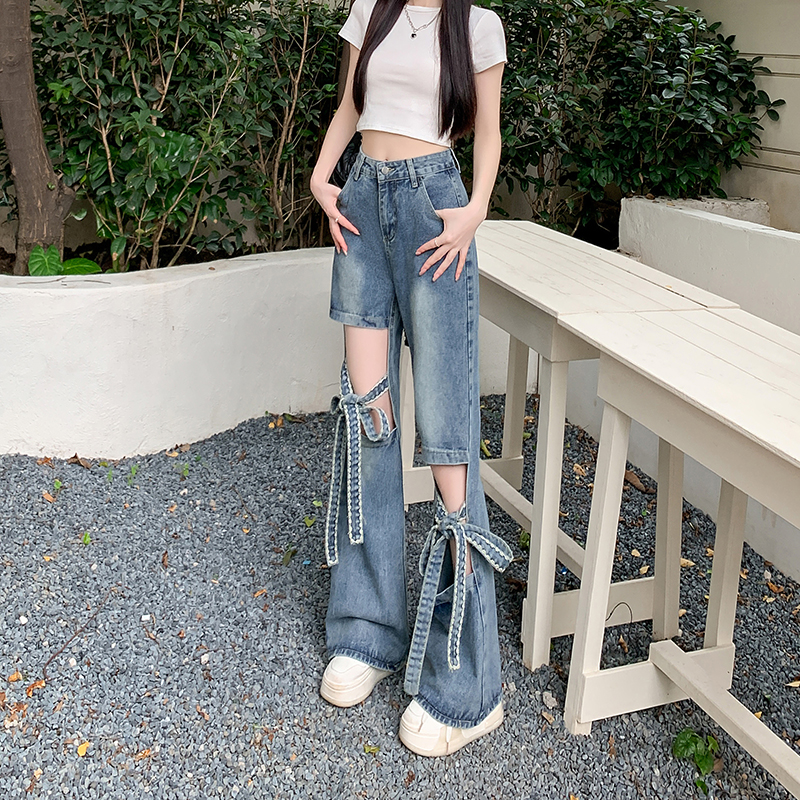 PF28501#蝴蝶结镂空破洞阔腿牛仔裤女新款设计感高腰显瘦长裤子女裝貨源服裝批發