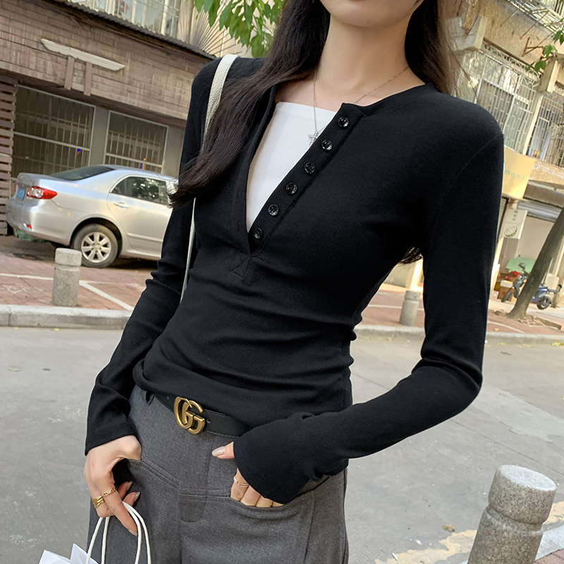 LN70470# 假两件拼接高级感内搭打底衫女辣妹修身长袖t恤上衣 服裝批發女裝批發服飾貨源